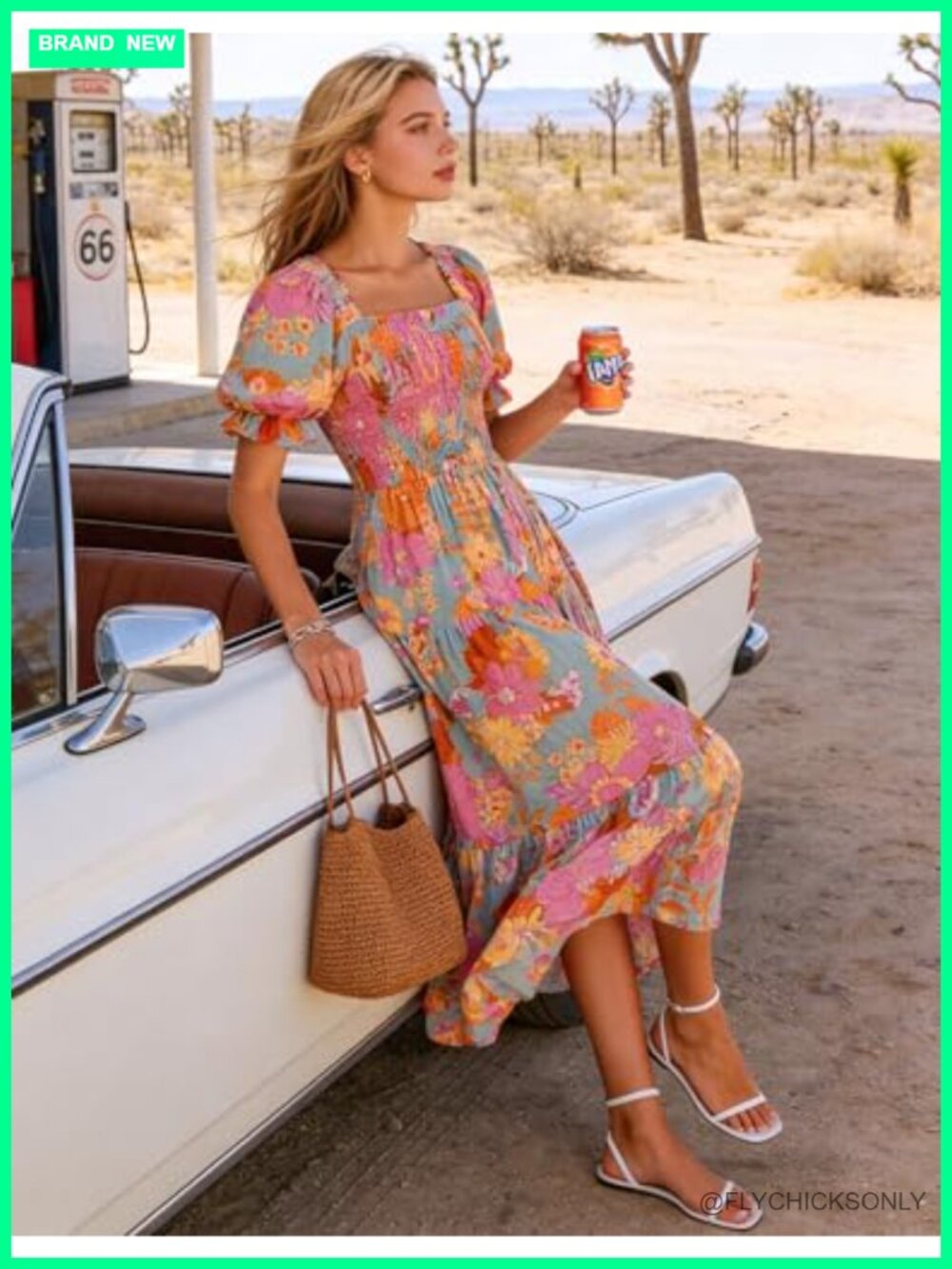 Boho Floral Print Square Neck Ruffle Swing Beach Maxi Dress - Picture 6 of 7